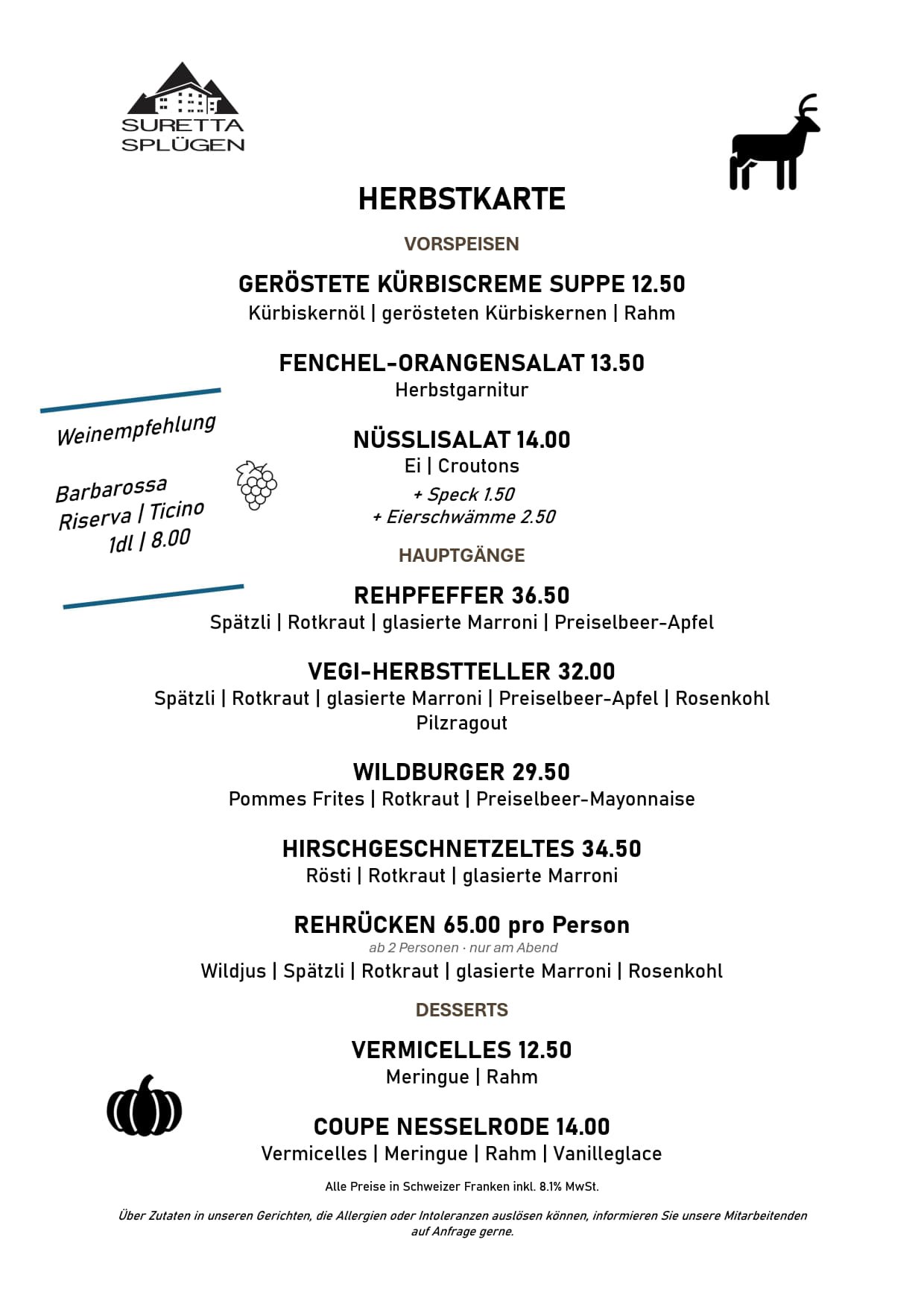 Wildkarte Restaurant Suretta